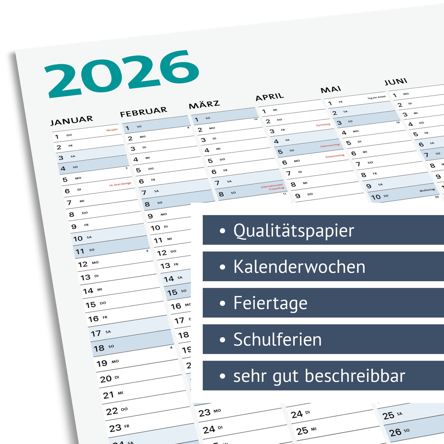 Jahreskalender, Wandplaner, Wandtimer "2026" ~ DIN B1 / XL 98x68 cm