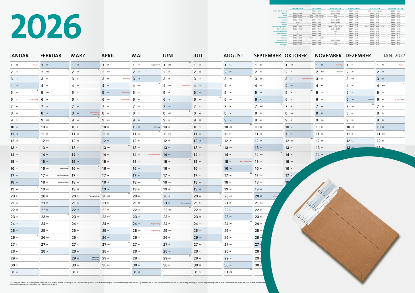 Wandkalender 2026 DIN A1, Jahresplaner 59,4 x 84,1 cm, 13 Monate