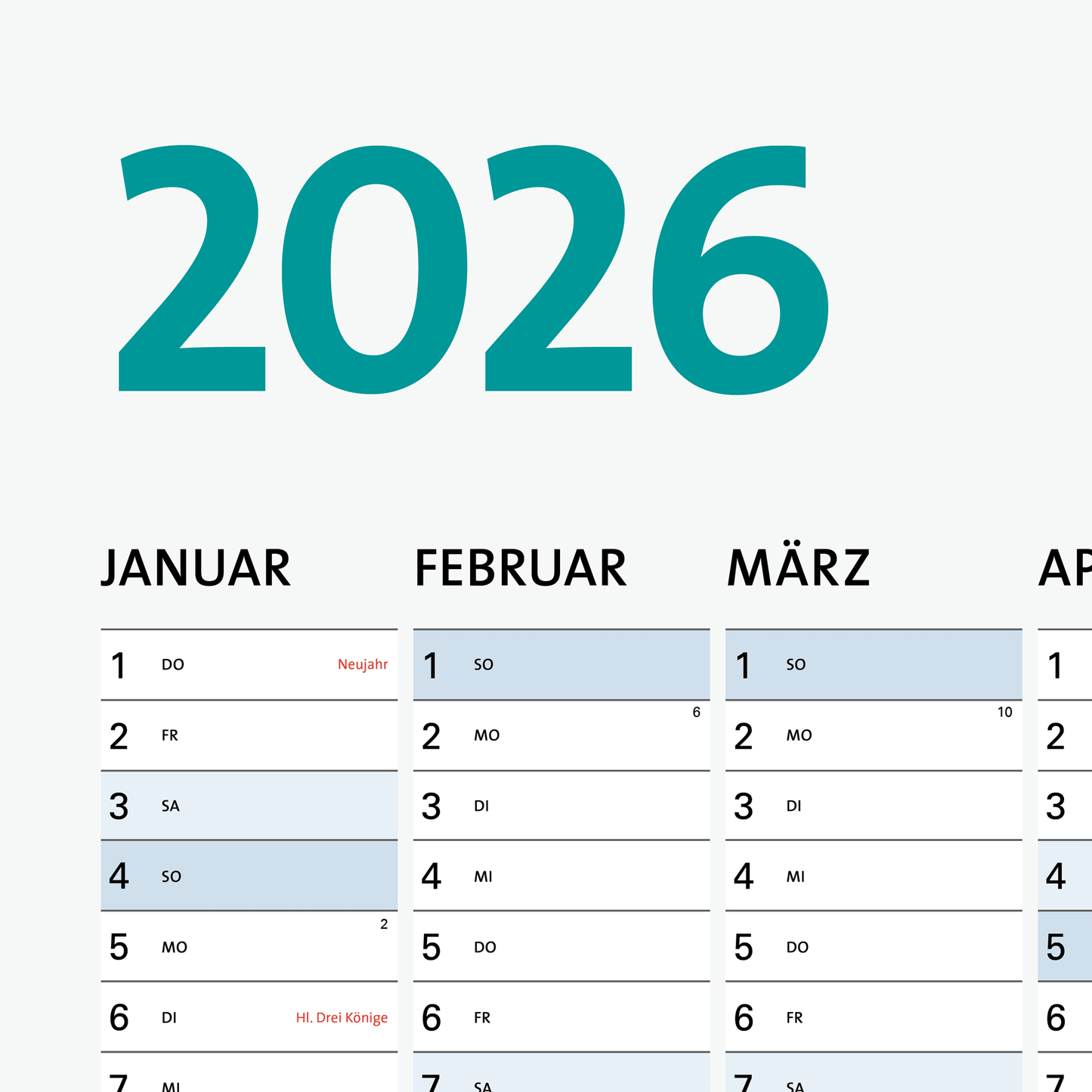Jahreskalender, Wandkalender, Jahresplaner 2026 DIN A1 (84,1 x 59,4 cm)
