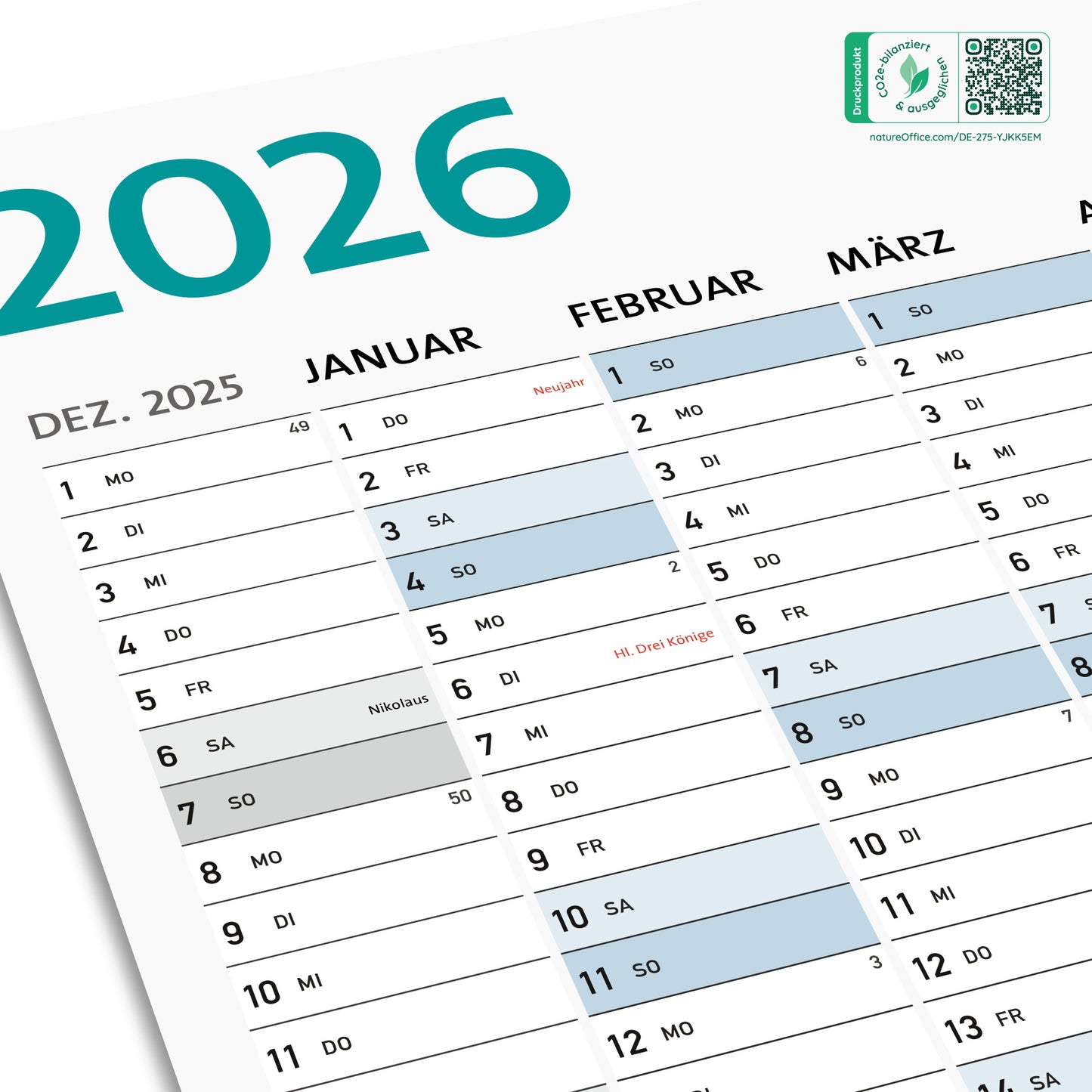 DIN A1 Jahreskalender 14 Monate, Wandkalender, Kalender 2026 groß (84,1 x 59,4 cm)