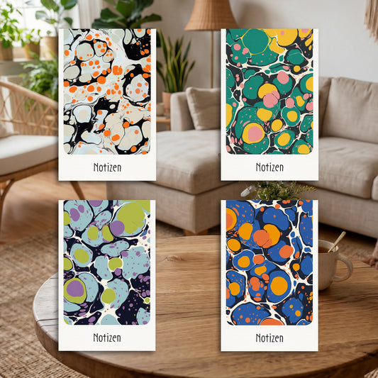 Henryks - Notizblock, handlich 9 x14 cm, ca. DIN A6, Marmoriertes Muster - 4 Stück