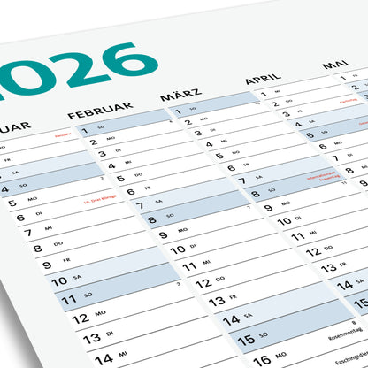 Jahreskalender, Wandplaner, Wandtimer "2026" ~ DIN B1 / XL 98x68 cm