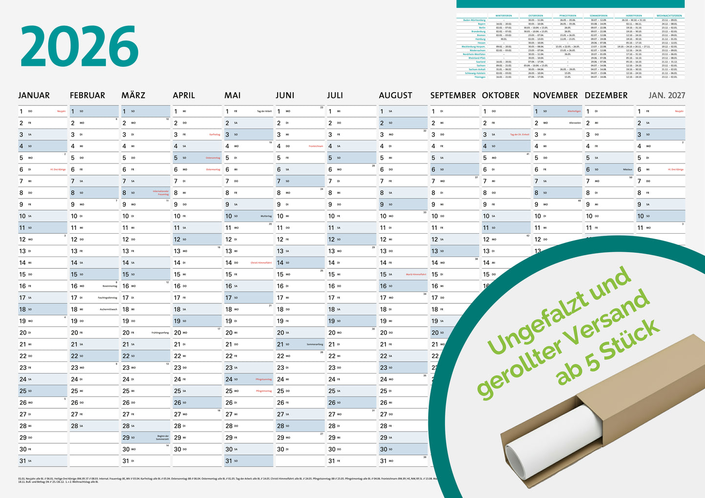 Wandkalender 2026 DIN A1, Jahresplaner 59,4 x 84,1 cm, 13 Monate
