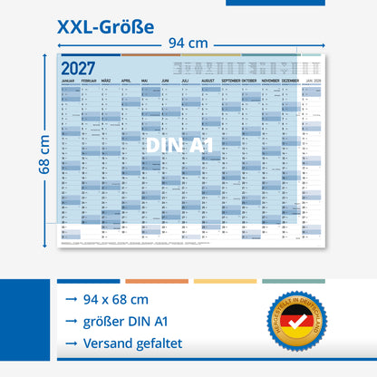 XXL Jahresplaner Wandkalender 2027 (94 x 68 cm), gefaltet