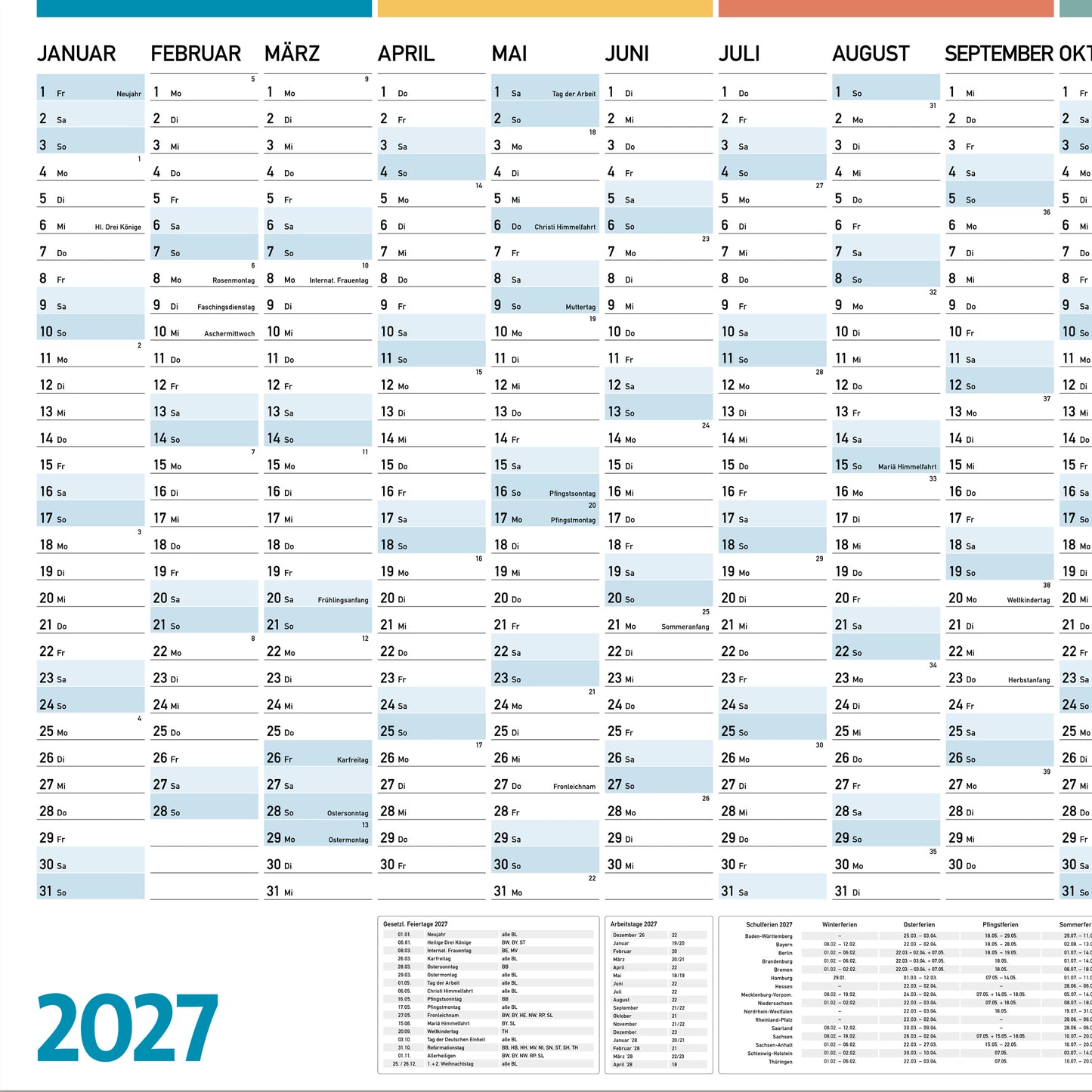 Jahresplaner 2027 DIN A1, Jahreskalender 59,4 x 84,1 cm groß, 13 Monate