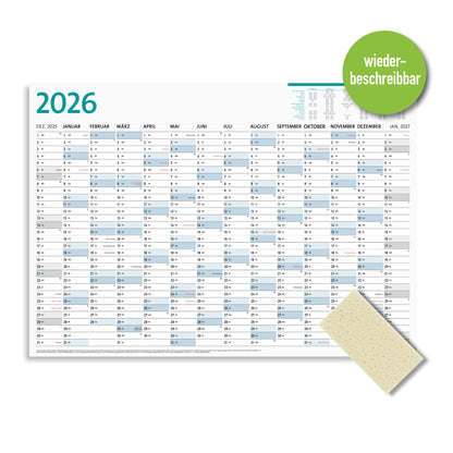 DIN A1 Wandkalender, abwischbar, 14 Monate, Jahreskalender 2026 DIN A1 wiederbeschreibbar