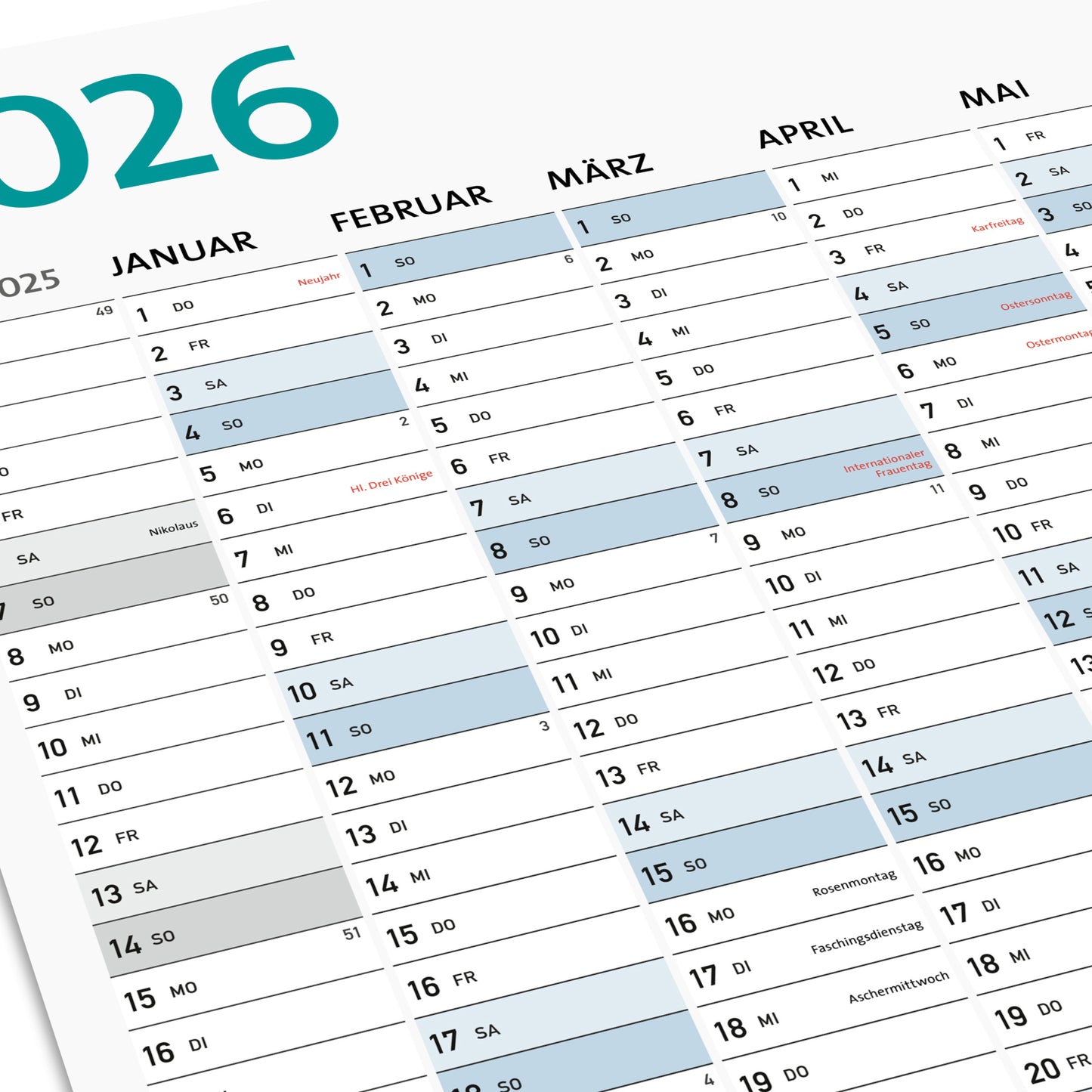 DIN A1 Wandkalender, abwischbar, 14 Monate, Jahreskalender 2026 DIN A1 wiederbeschreibbar