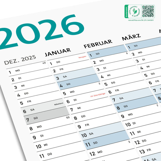 DIN A1 Jahreskalender 14 Monate, Wandkalender, Kalender 2026 groß (84,1 x 59,4 cm)