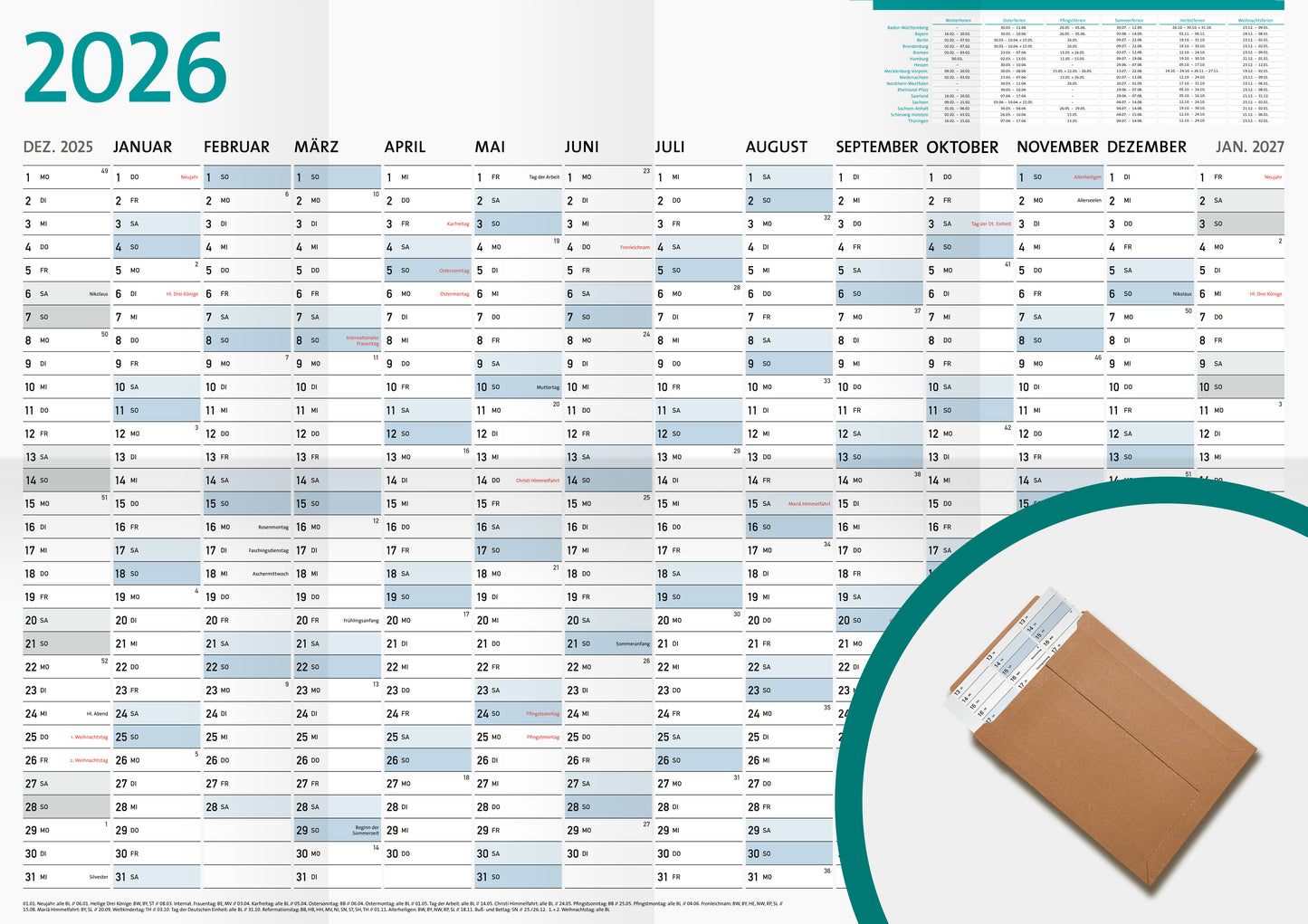 DIN A1 Jahreskalender 14 Monate, Wandkalender, Kalender 2026 groß (84,1 x 59,4 cm)