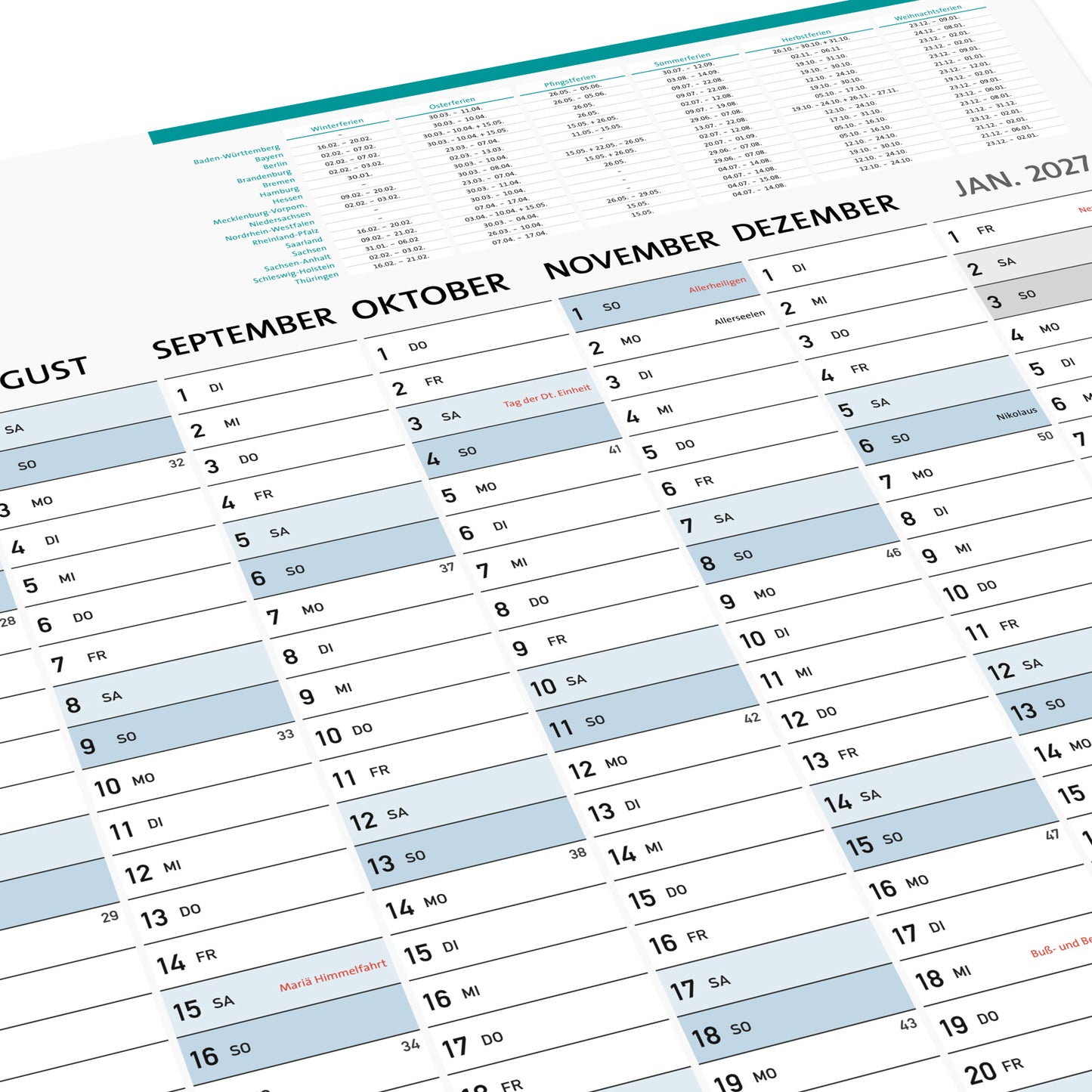 DIN A1 Wandkalender, abwischbar, 14 Monate, Jahreskalender 2026 DIN A1 wiederbeschreibbar