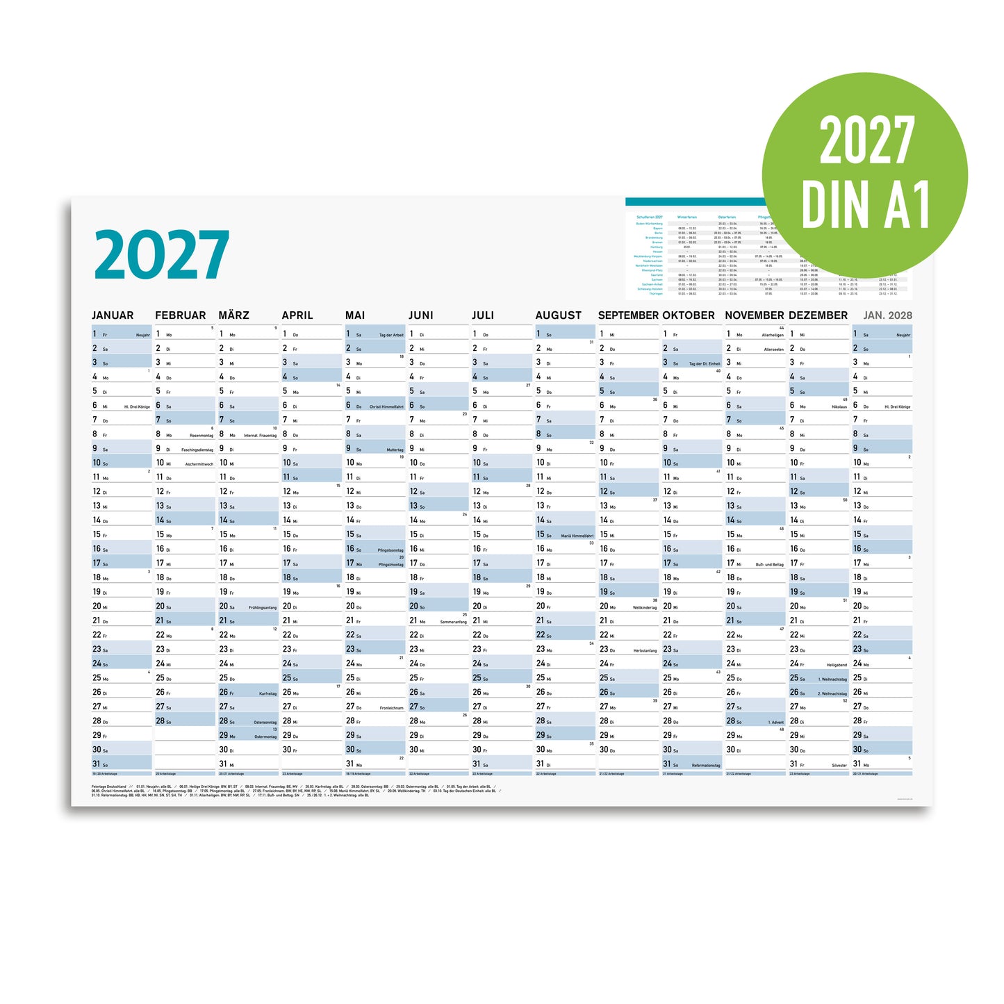 Wandkalender 2027 DIN A1, Jahresplaner 59,4 x 84,1 cm, 13 Monate