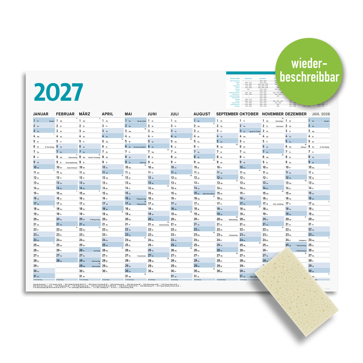 Wandkalender 2027 DIN A1 wiederbeschreibbar, Großer Jahresplaner 2027 abwischbar
