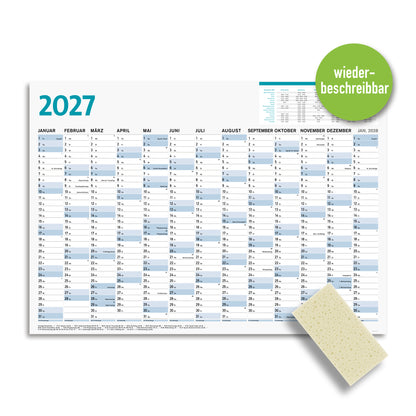 Wandkalender 2027 DIN A1 wiederbeschreibbar, Großer Jahresplaner 2027 abwischbar