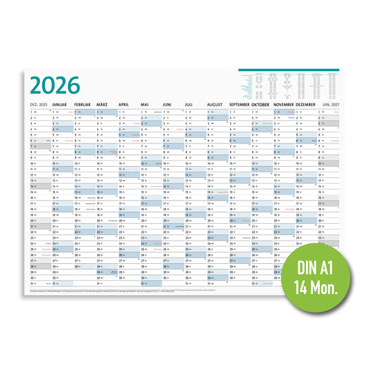 DIN A1 Jahreskalender 14 Monate, Wandkalender, Kalender 2026 groß (84,1 x 59,4 cm)