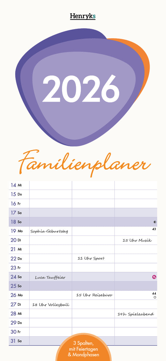 Familienplaner, Wandkalender, Familienkalender - 2026,  15x32,5 cm
