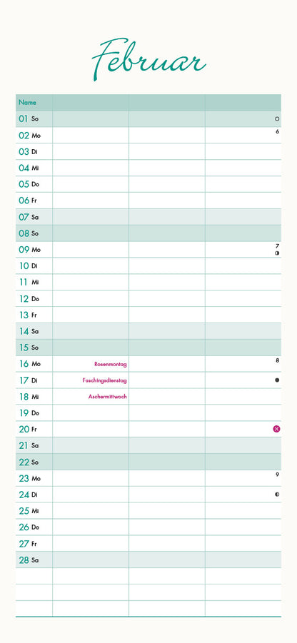 Familienplaner, Wandkalender, Familienkalender - 2026,  15x32,5 cm