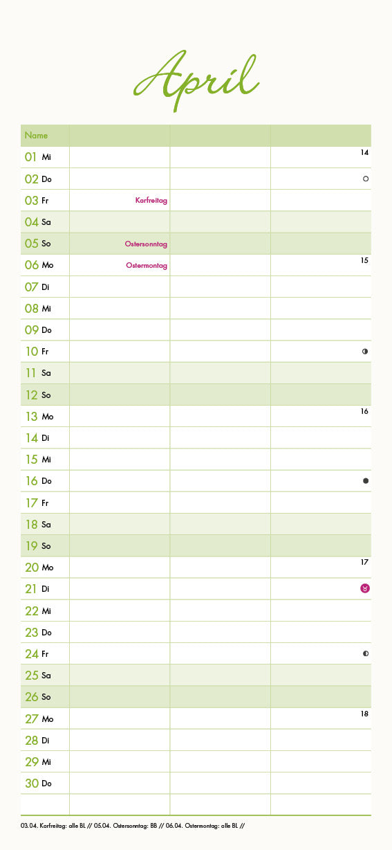 Familienplaner, Wandkalender, Familienkalender - 2026,  15x32,5 cm